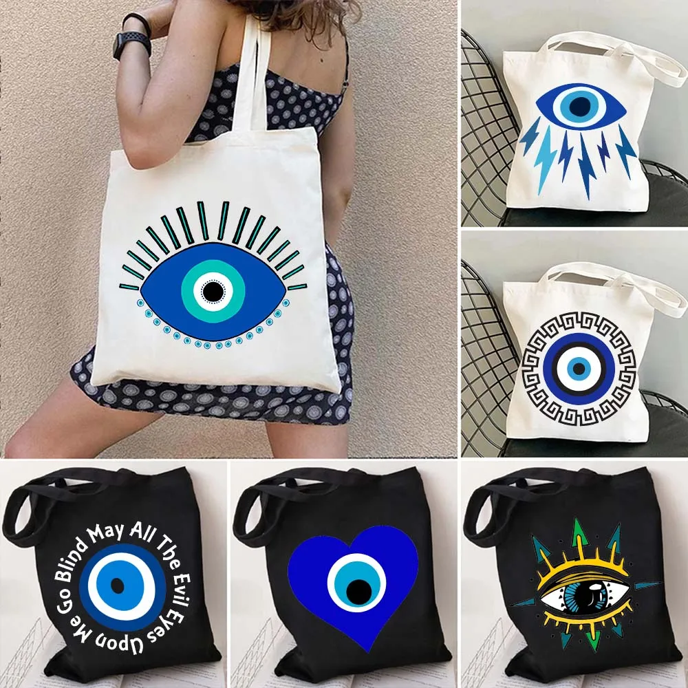 

Blue Evil Eye Heart Protection Mandala Bohemian Shoulder Tote Bag Shopper Bag for Women Grocery Hamsa Amulet Girl Travel Handbag