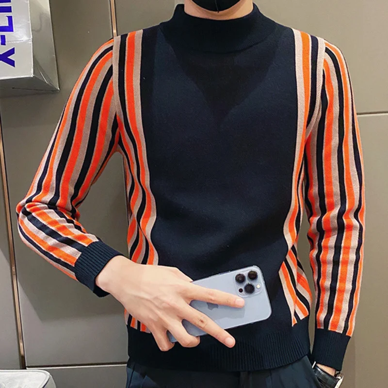 

Mens Color Stripe Stitching Pullover Sweater British Style Contrasting Colors Knitted Bottom Shirt Sweater For Men Heren Sweater