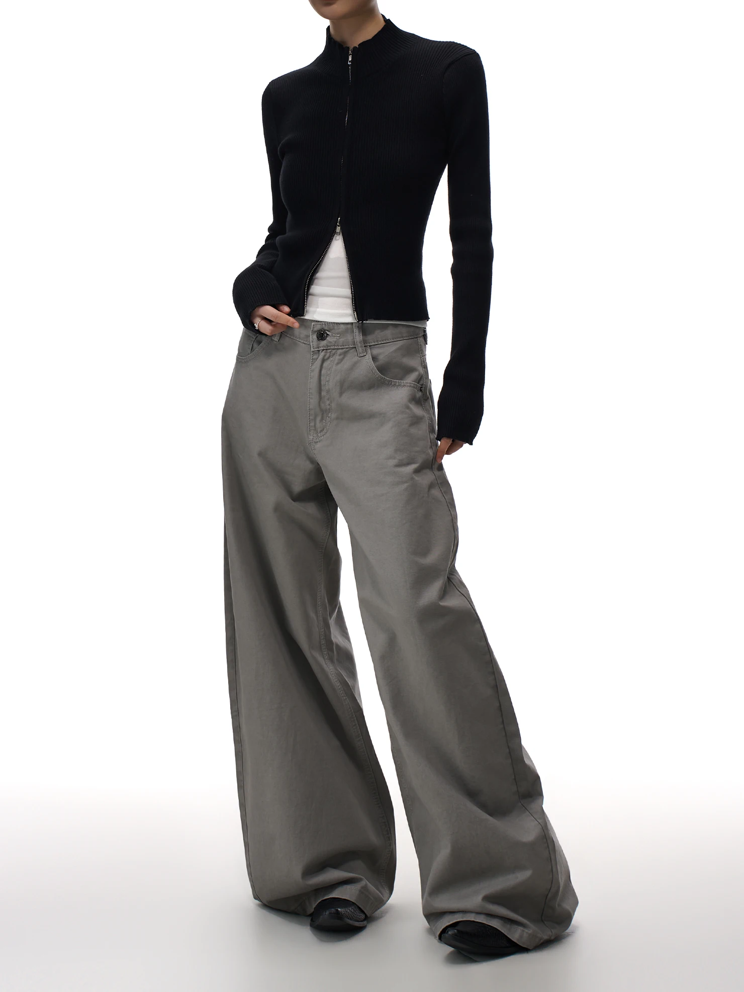 

American Style Loose Wide Leg Jeans Women's Grey Casual High Waist Cotton Spring New Simple Match Slimming Straight Long Pants