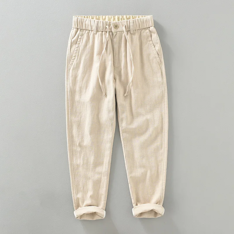 Spring Summer Man Pants Japan Retro Cotton Linen Pants Men Solid Drawstring Elastic Waist Trousers Casual Breathable Pants Daily