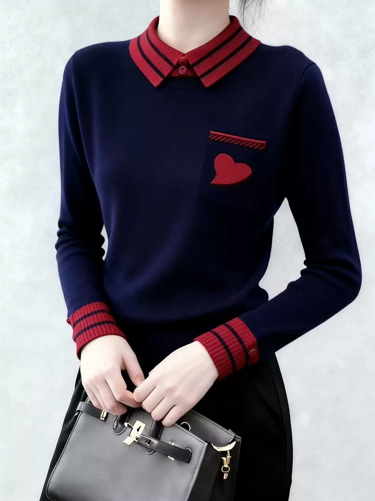 

Корейский универсальный вязаный свитер с длинными рукавами для женщин: модный дизайн с цветовыми блоками, классический зимний стиль для повседневной носки