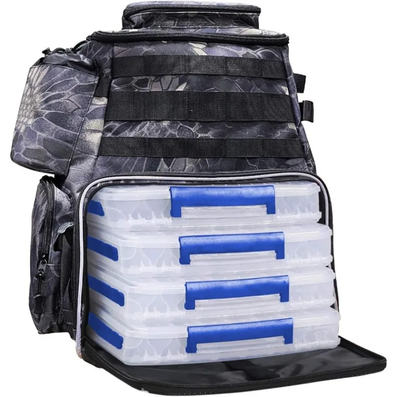 Fishing Tackle Backpack 2 Fishing Rod Holders with 4 Tackle Boxes, Large Storage, Backpack，tool Backpack