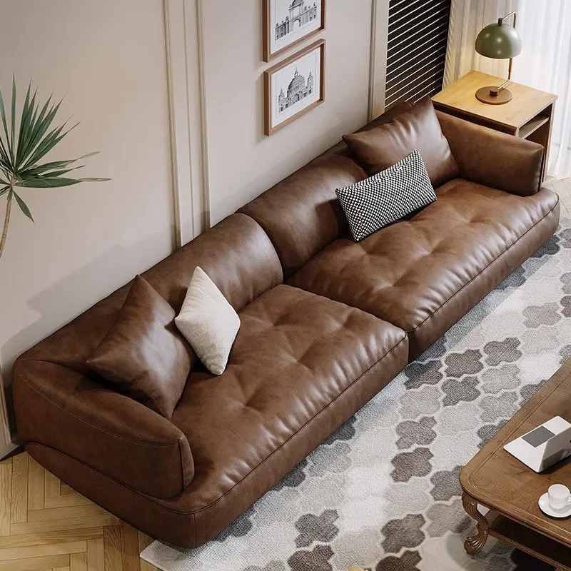 The first layer of cowhide sofa is a large sitting deep straight row four-person small apartment living room oil wax leather sof