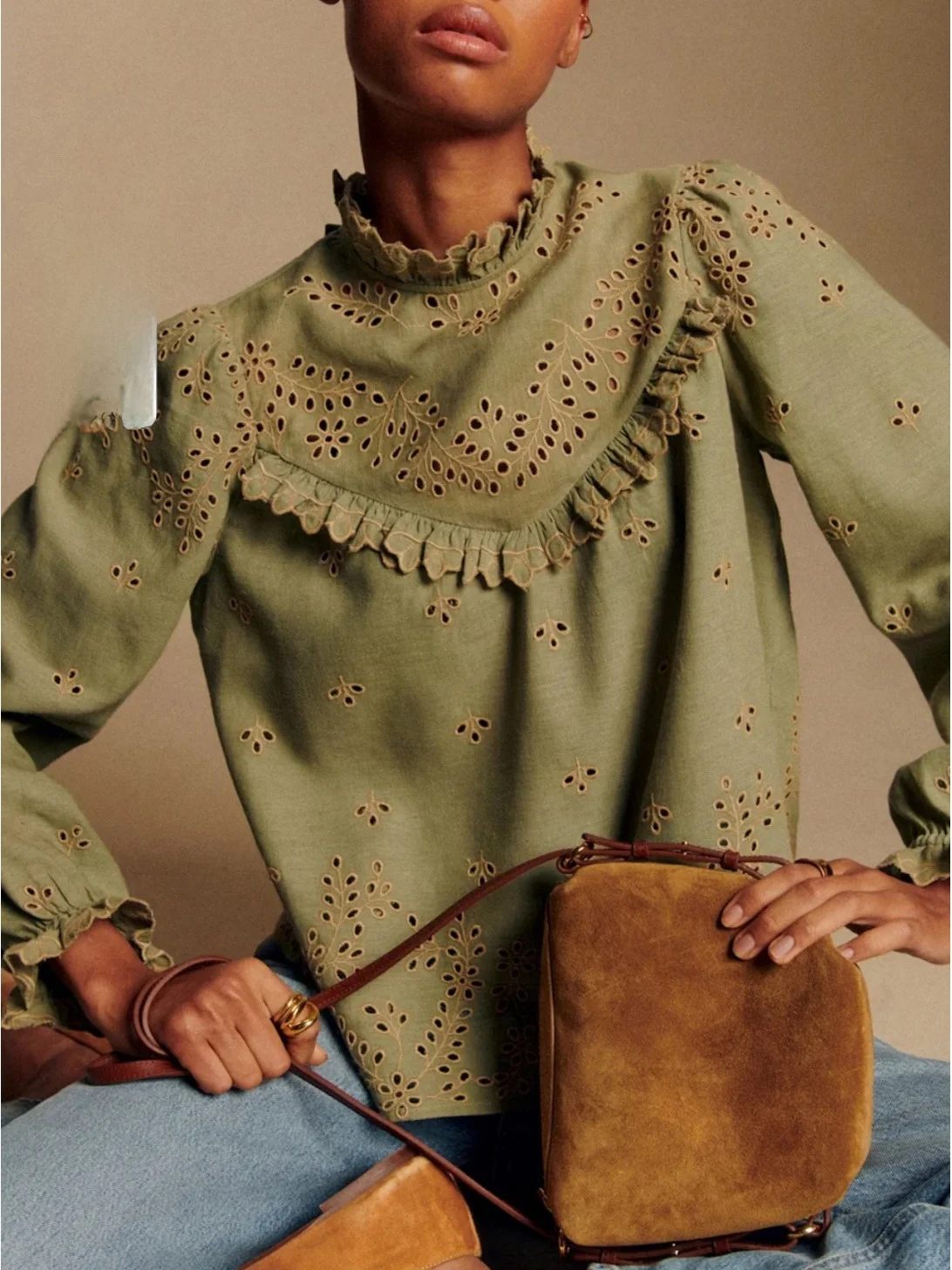 

Elegant Style Long Sleeve Shirt Embroidered Hollow Flower Earlet Lace Trim Matcha Green Cotton Breathable Comfortable Women's...