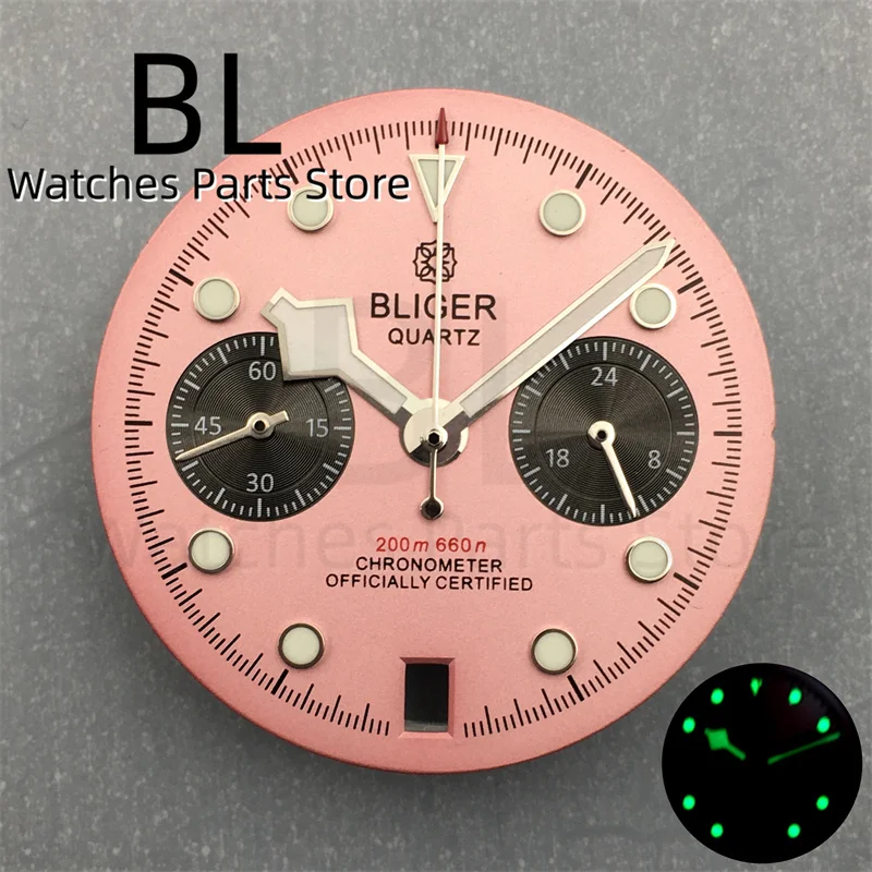 BLIGER Black Pink VK64 Watch Dial With Snowflake Hands Set C3 Green Luminous Fit For VK64 Quartz Movement Replacement Watch Part