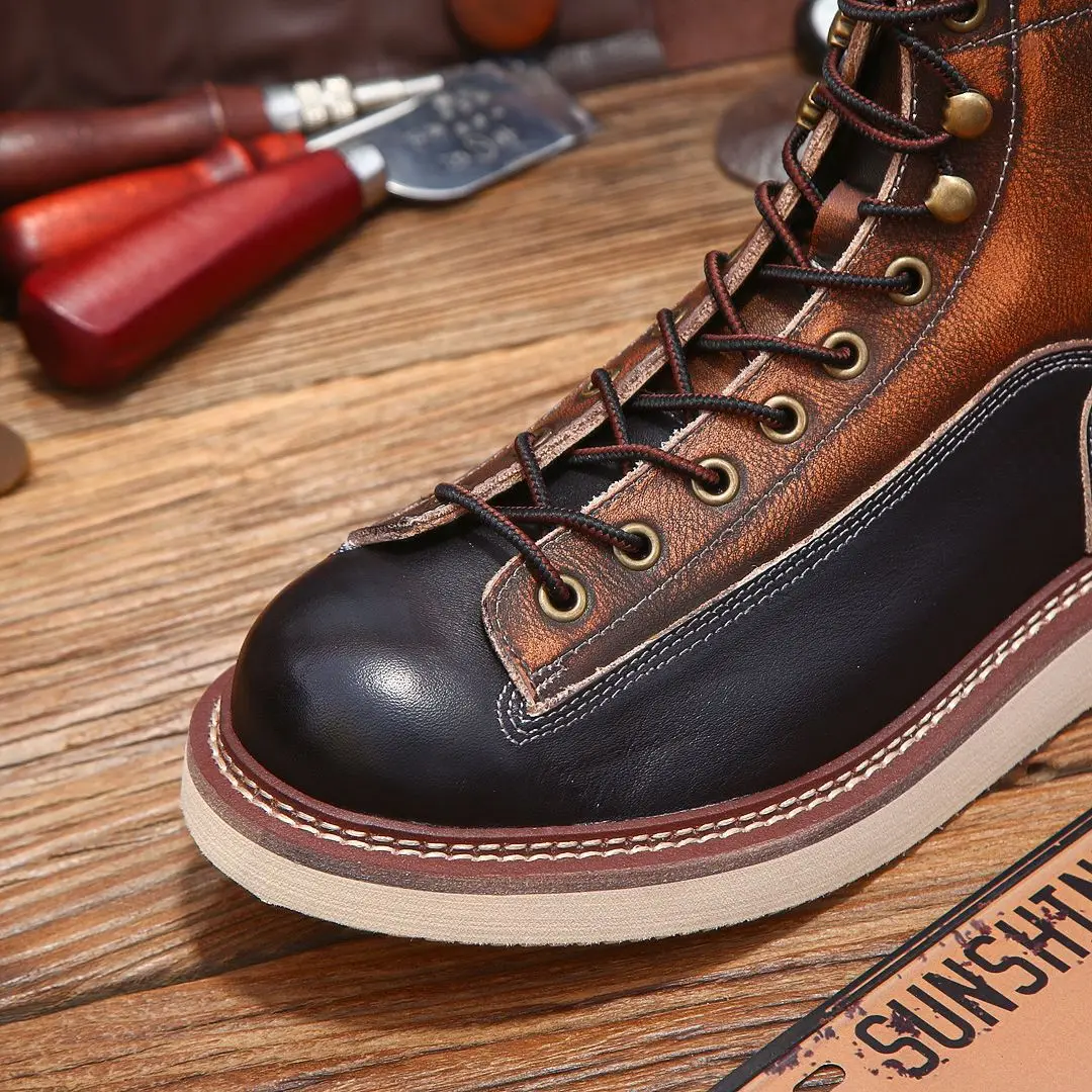 Retro Durable Goodyear-Welted Stitchdown Rugged Style Monkey Boots Heritage Genuine Leather Moctoeboots For Men Mid-Cut Shoes