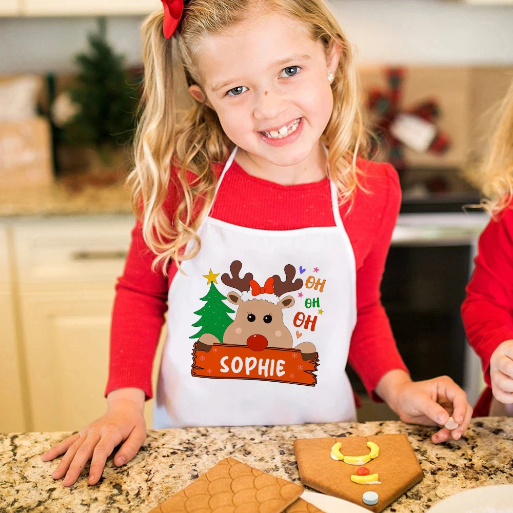 Personalized Christmas Apron Deer with Name Aprons Kids Cooking Baking Apron Custom Children Aprons Best Xmas Gifts for Child