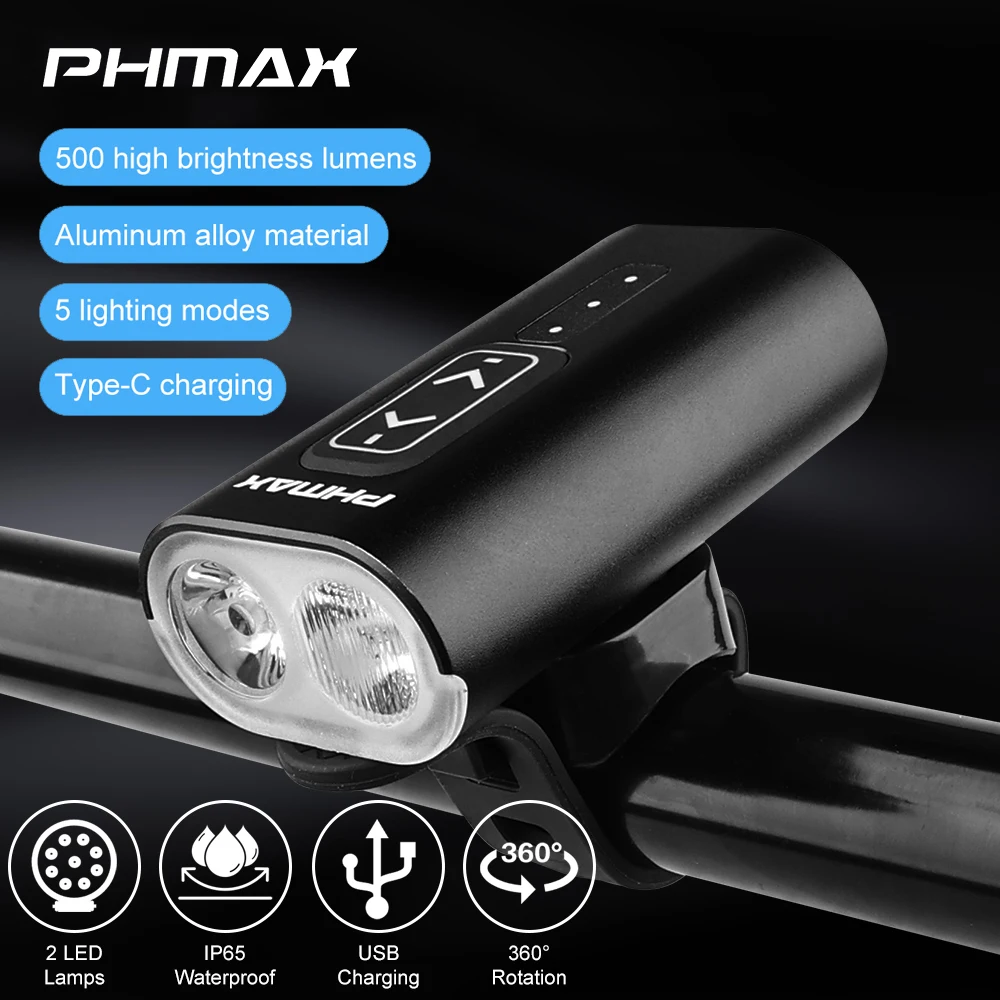 

PHMAX 500 Lumen bicycle lights Type-C Rechargeable Bike Headlight High Brightness Mountain Road Cycling Lamp Bike Accessories