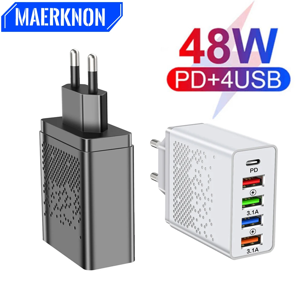 

5 Ports USB Charger Quick Charge 48W PD Type C Fast Charging Phone Charger For iPhone Samsung Xiaomi Portable EU/US Plug Adapter
