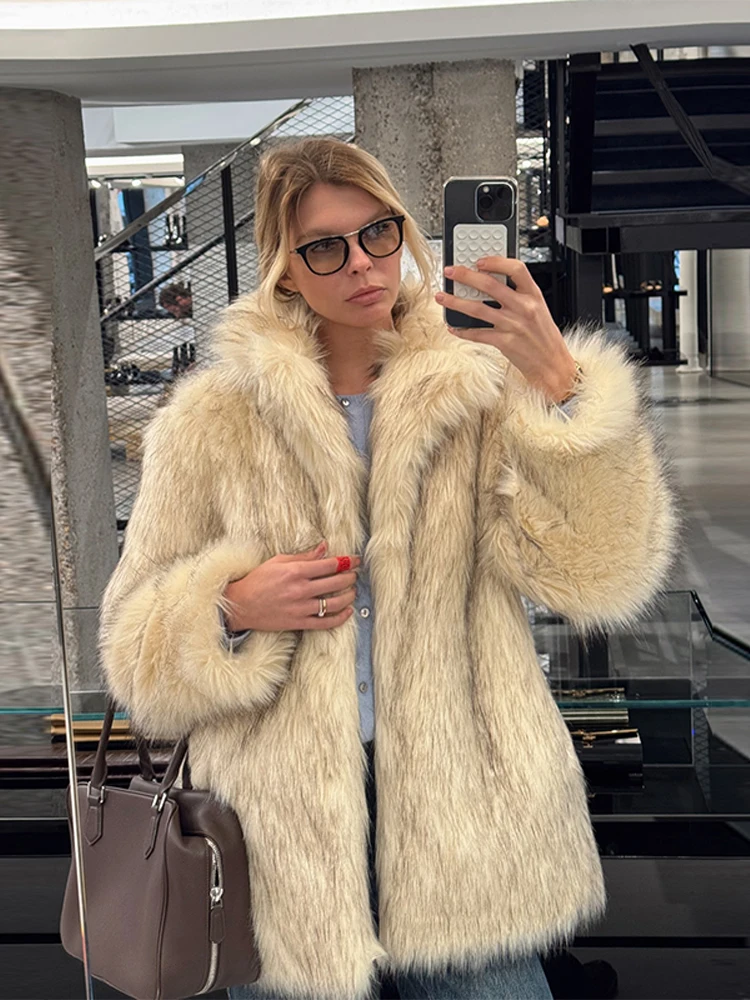 

Роскошное женское пальто из искусственного меха, свободная посадка, зимняя теплая пушистая куртка с большим воротником, верхняя модная верхняя одежда с длинными рукавами, уличная одежда