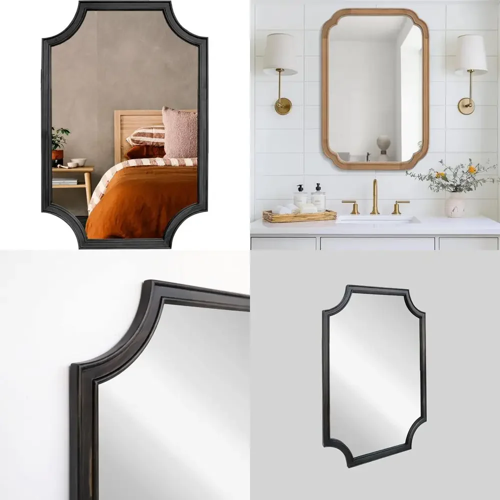 Sculpted Corners Arched Rectangle Wall Mirror with Wooden Frame for Home Entryway, Living Room, and Bedroom Decor
