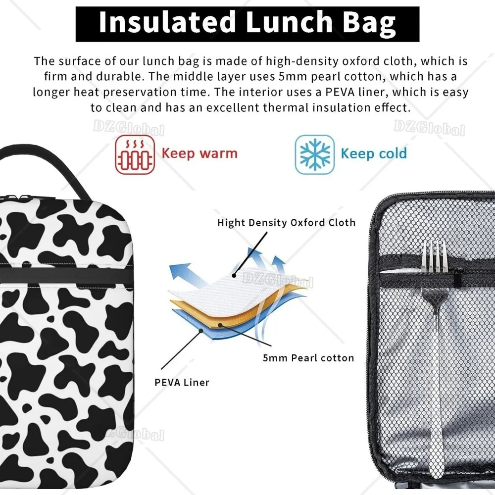 Cow Print Lunch Bags Box Tote Organizer Insulated Lunch Container Cooler Lightweight Meal Prep Bag for Girls Boys Men Women