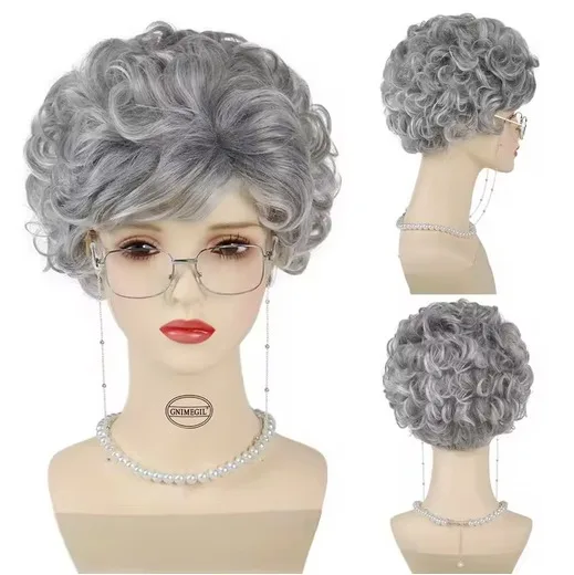 Gray Old Lady Wig Granny Glasses Pearl Necklace 3 Pcs/Set Kid Grandma Cosplay Wig for Christmas School Thanksgiving Day