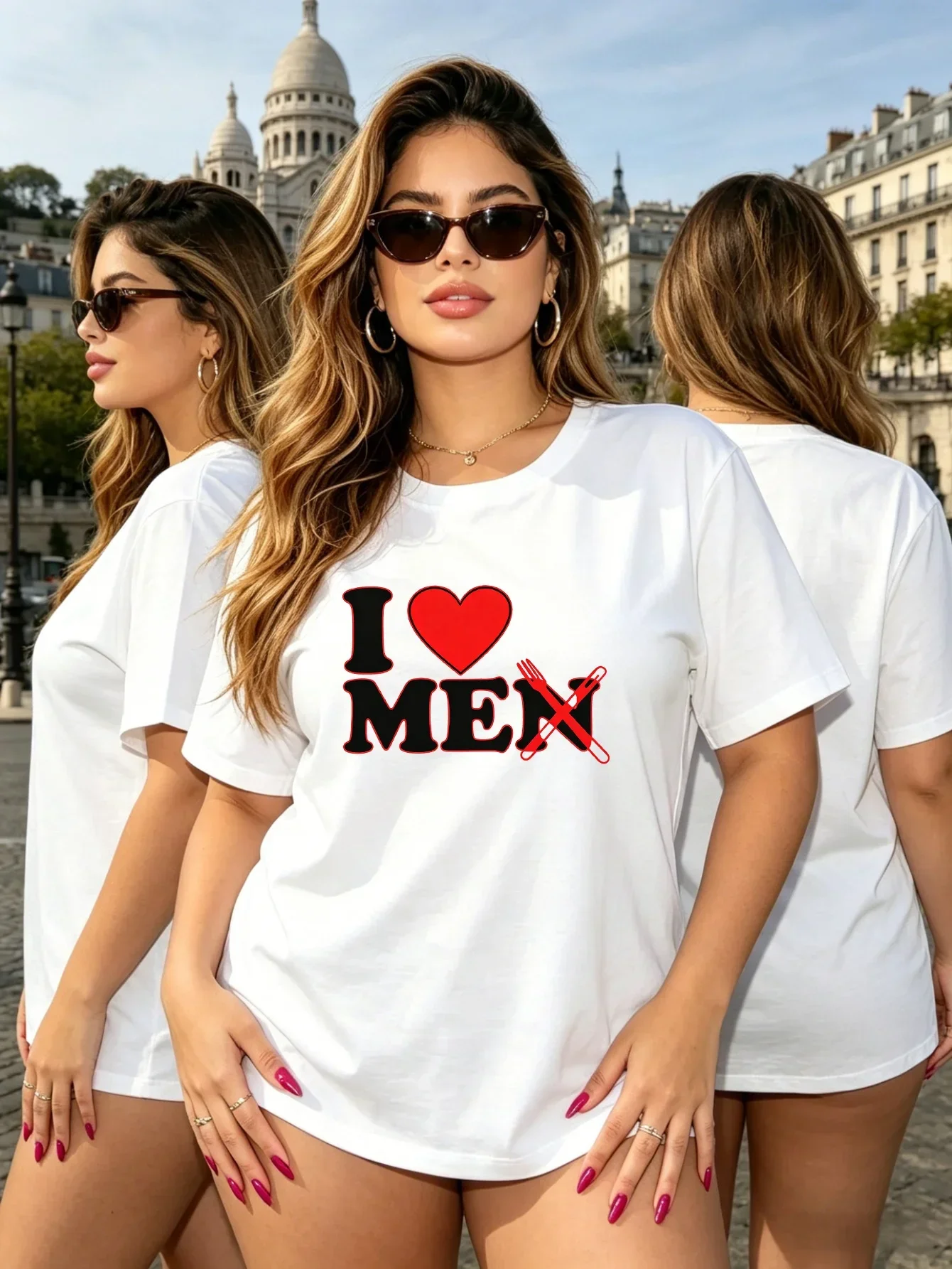 Cute I Love Men Red Heart Crossed Fork Knife Funny Slogan Art Graphic Ladies T Shirt Short Sleeve Crew Neck Casual Tee Top Cheap