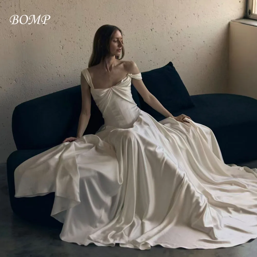 BOMP خمر فستان الزفاف الساتان العاجي للعروس مطوي الأشرطة ثنيات طول الأرض ألف خط امرأة فستان زفاف مخصص جديد 2026 #1