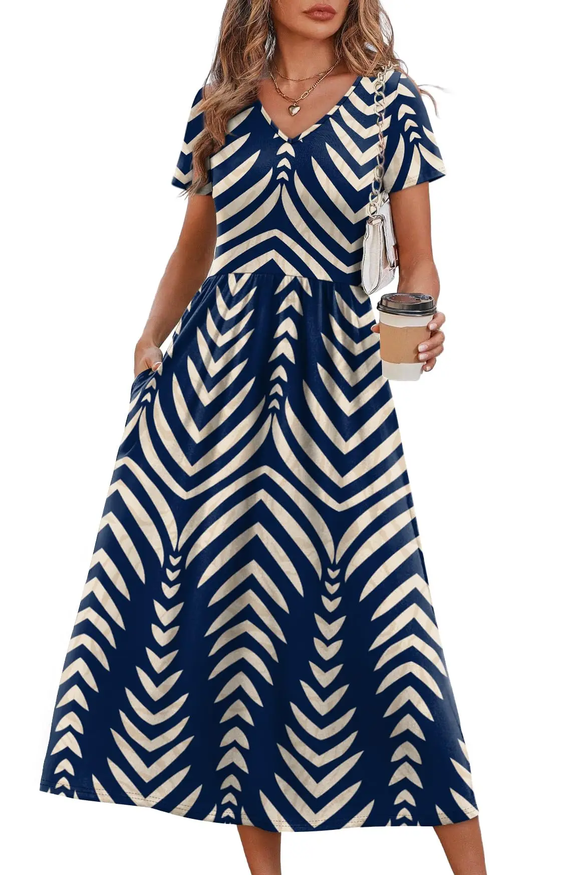 

Women Flowy Casual A-Line Midi Dress With Pockets Beach Vacation Sundress Summer