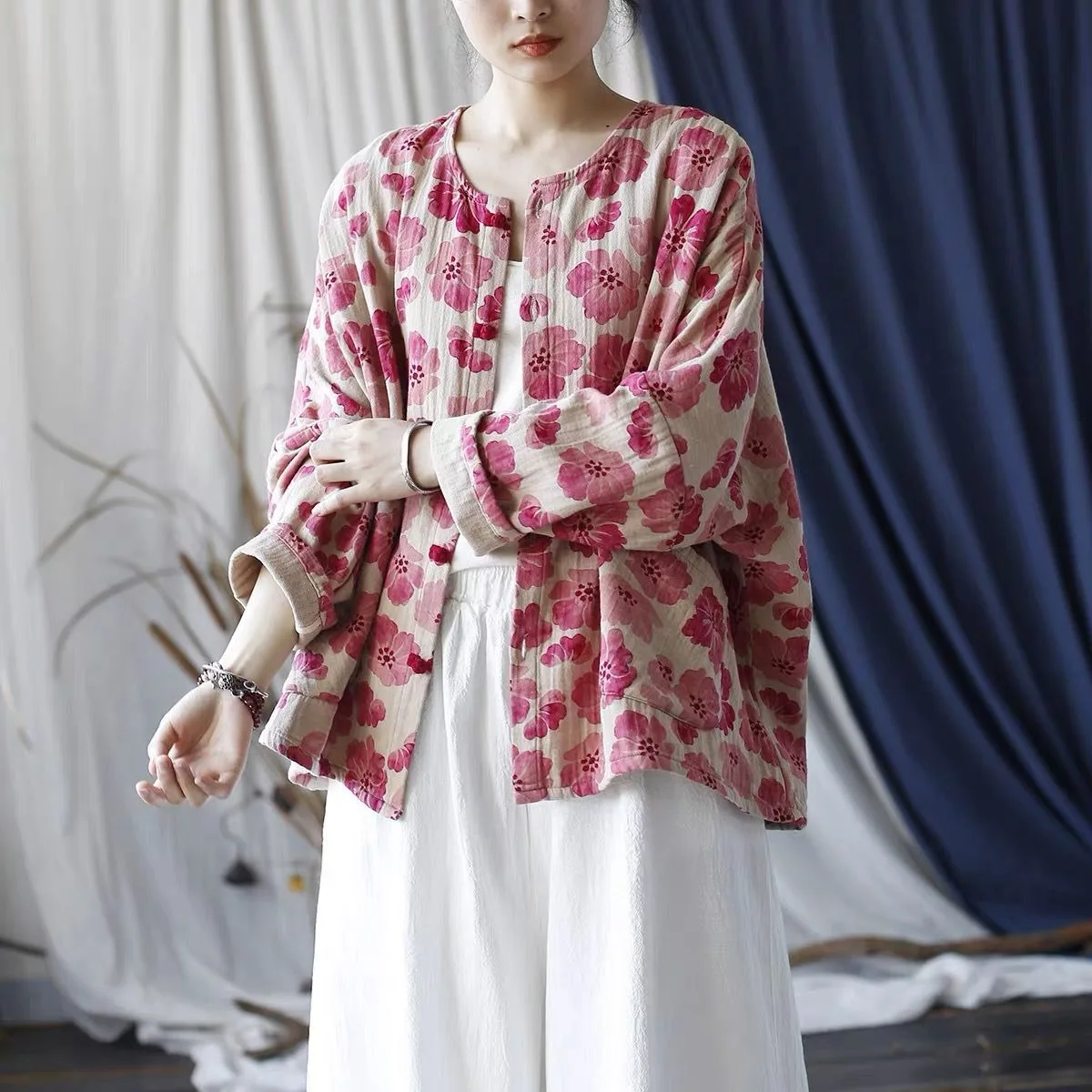 Abrigo holgado de algodón y lino con alas de murciélago Sve irt, ropa de abrigo étnica Vintage china Sle para mujer, abrigo largo con estampado dulce