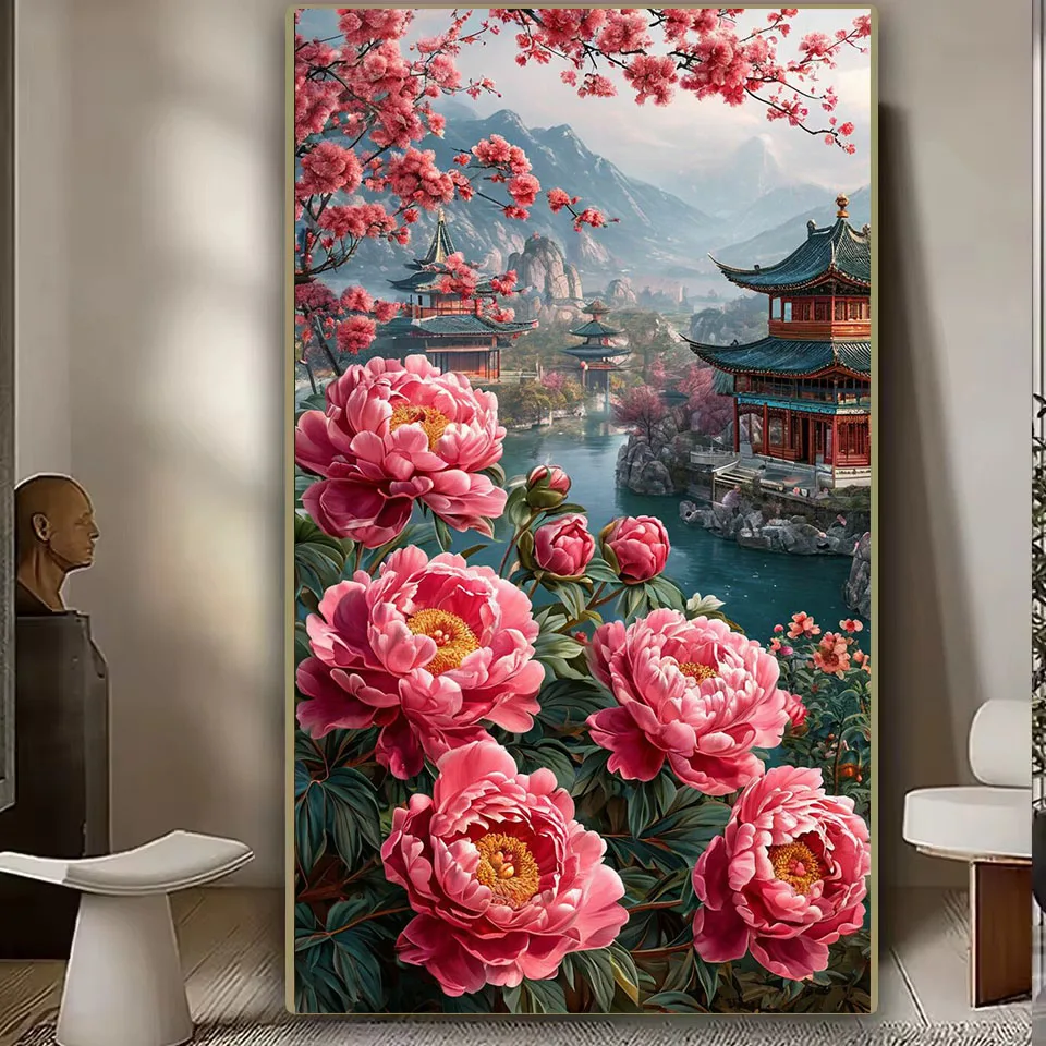 5D Diamond Painting Flower Pavilion House Picture Full Diamond Mosaic Chinese Style Landscape Embroidery Cross Stitch Home Decor