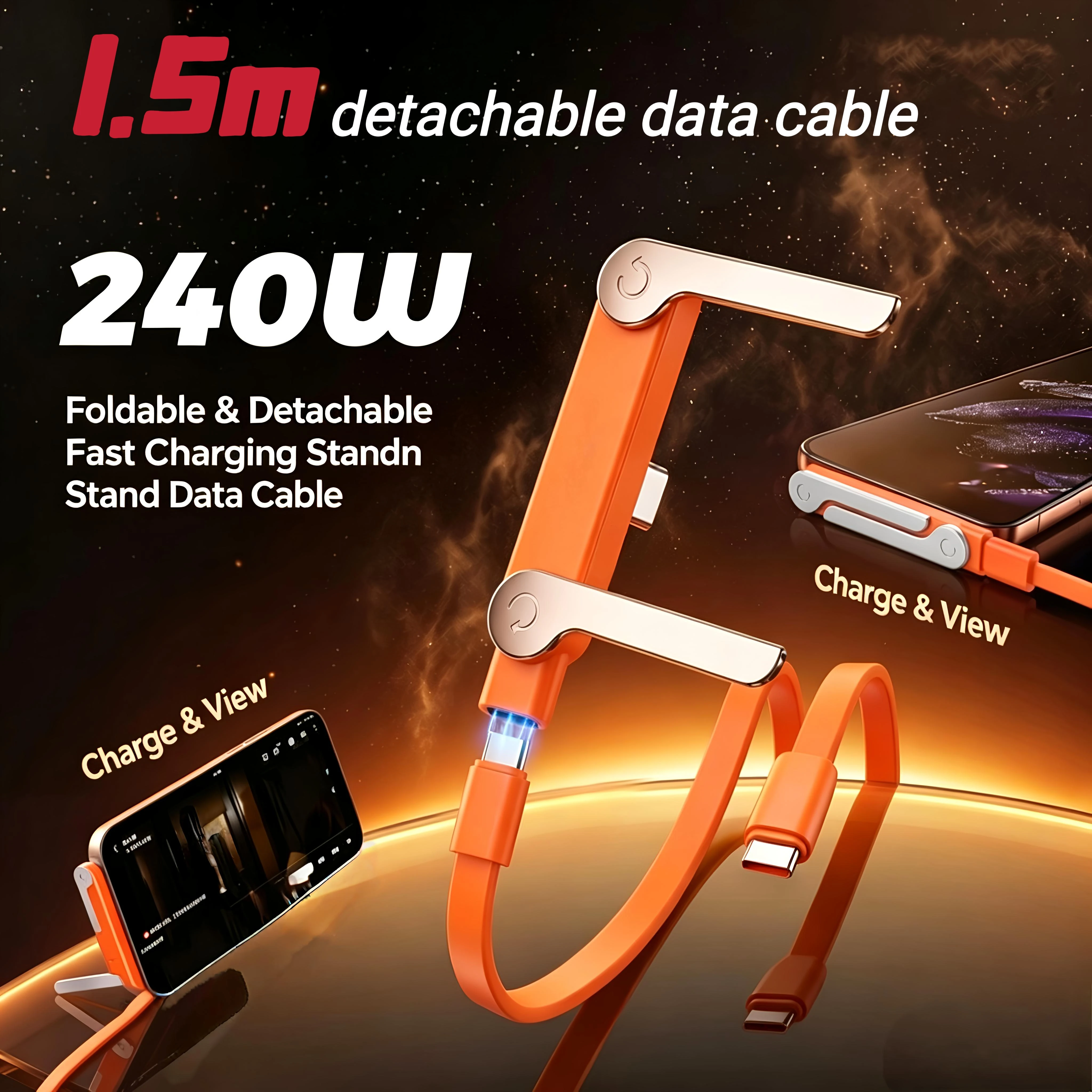 240W 2-in-1 USB C to USB C Fast Charging Foldable Stand Adapter Detachable Cable Type C Desktop Stand Charging Cable Data