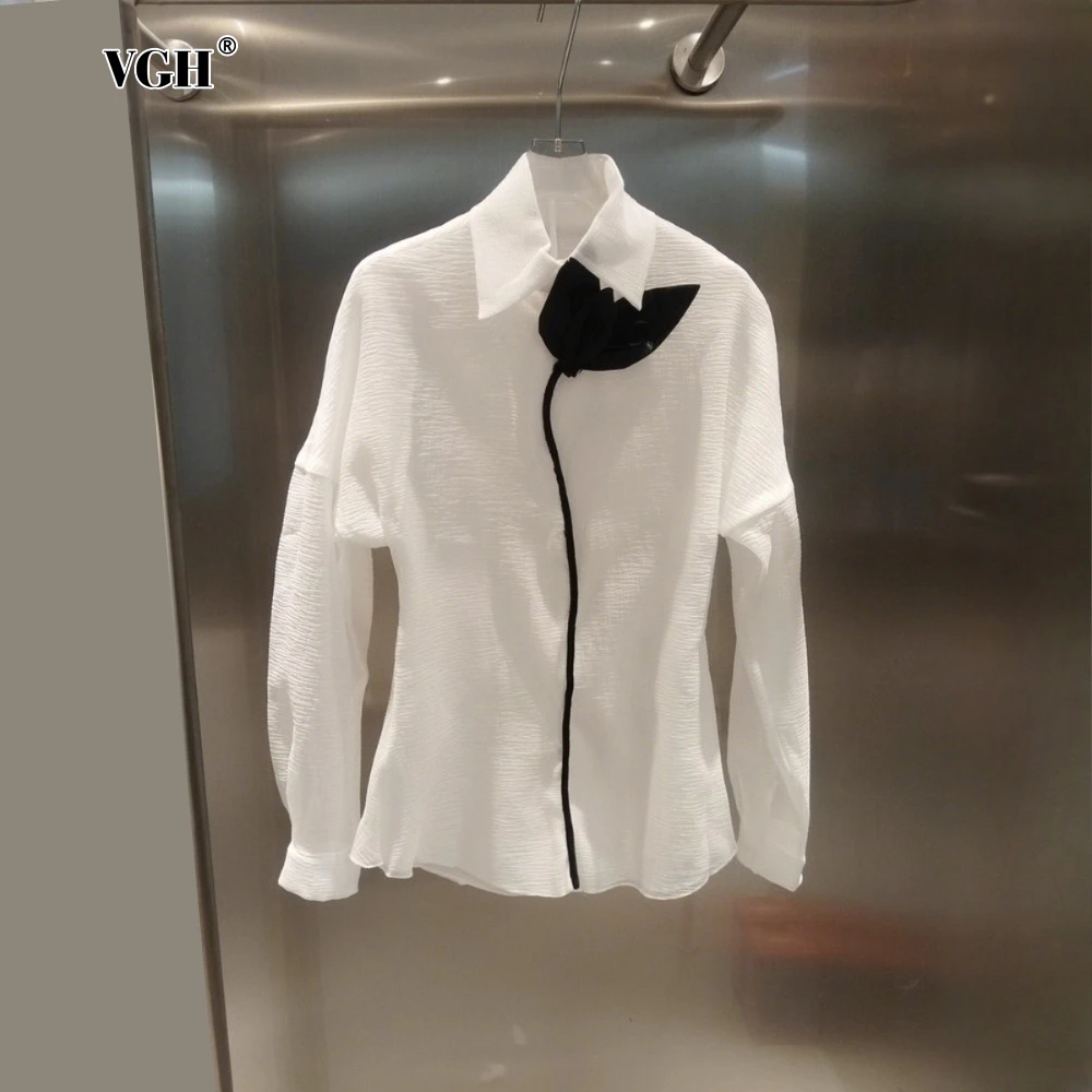 

VGH Hit Color Summer Slimming Shirts for Women Lapel Long Sleeve Spliced Appliques Minimalist Sweet Style Shirt Female Fashion