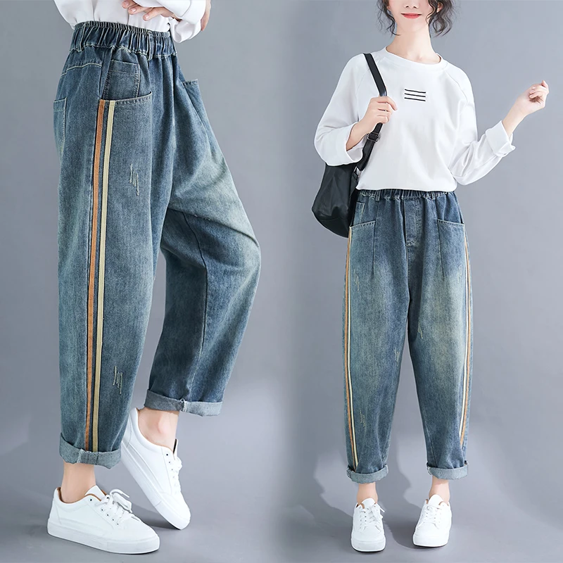 2023 Spring Autumn New Cowboy Wide Leg Trousers Women Vintage Loose Elastic Waist Pockets Vertical Stripe Patchwork Haren Pants