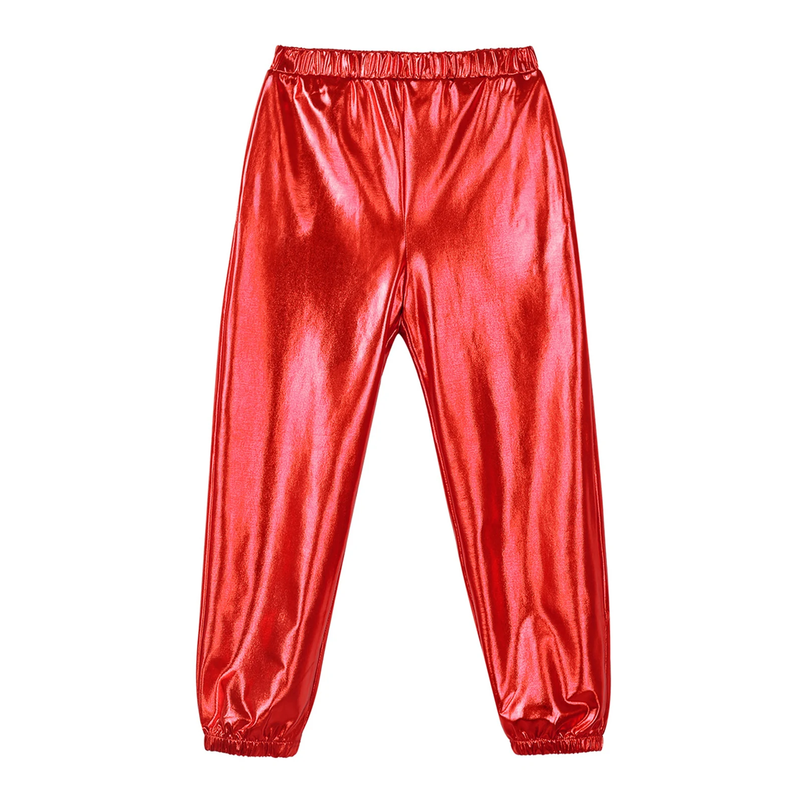 Kids Girls Street Dance Style Costume Glossy Metallic High Waist Elastic Pants with Pockets Hip Hop Disco Party Dance Trousers