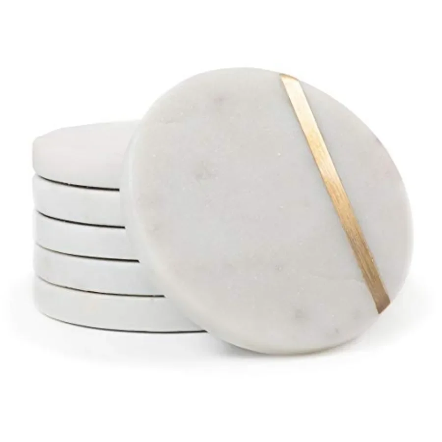 

Marble Coasters Set of 6 - Luxury Aesthetic Modern Decor for Coffee Table- White Marble with Gold Brass Inlay - Real Natural Se