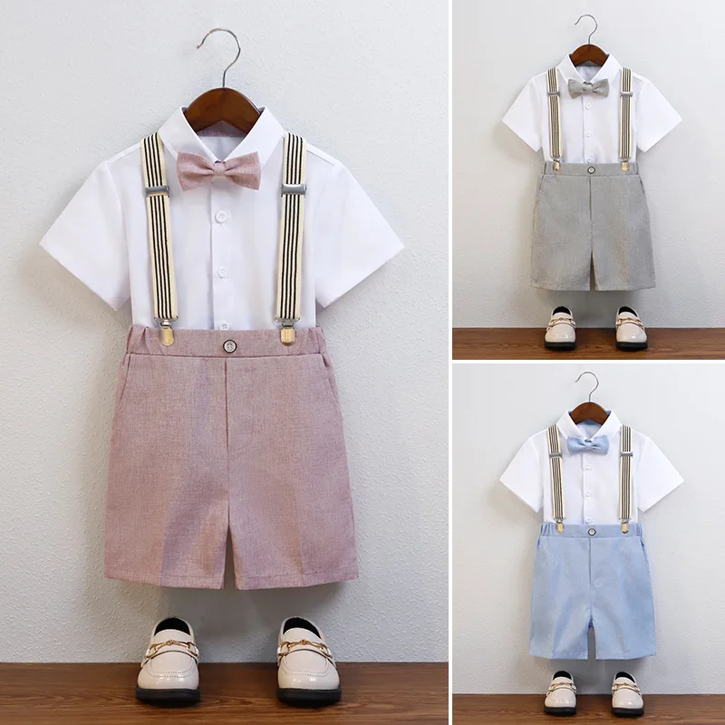 Child Short-sleeved Shirt Shorts Strap Bowtie Suit Summer Kid Boys Soft Breathable School Suit Formal Wedding Suit For 1-10Y Boy
