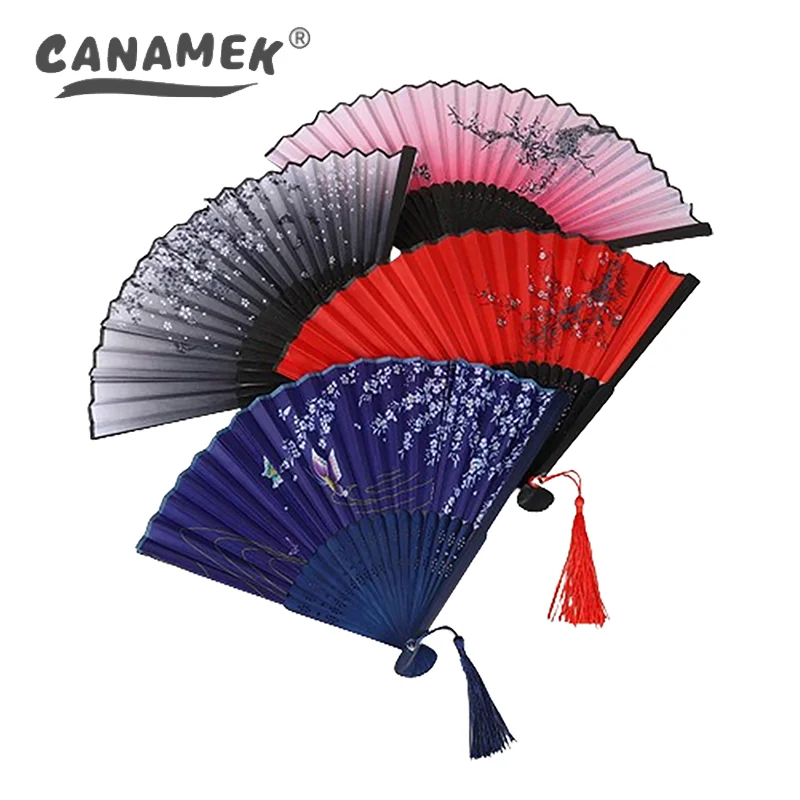 Vintage Chinese Style Folding Fan Bamboo Hand Fan Wooden Shank Classical Dance Fan With Tassel Elegent Female Fan Home Decor