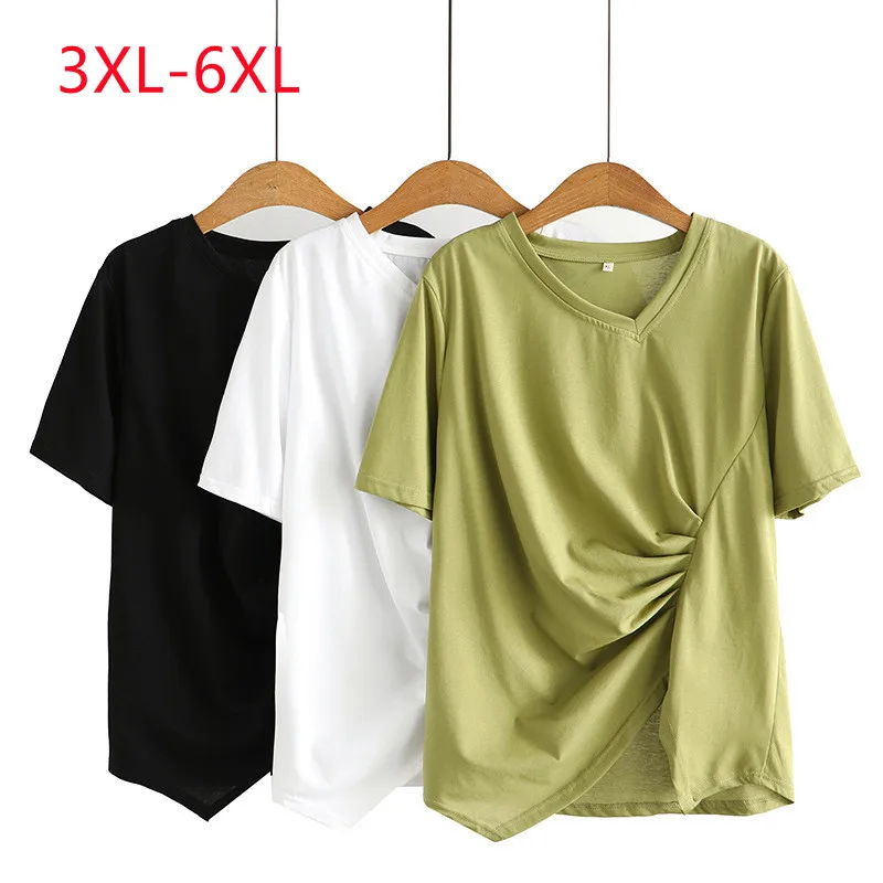 

Large Womens 2022 summer pleated blouse short sleeve Plus Size diagonal split tee 3XL 4XL 5XL 6xl