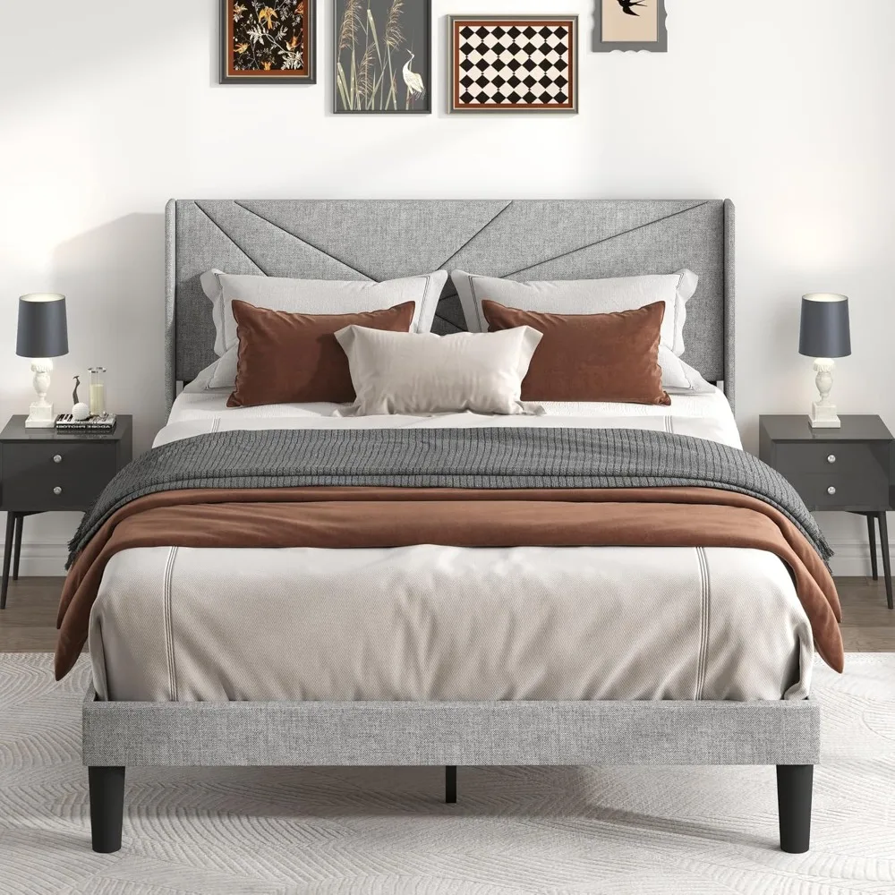 Queen Size Upholstered Wingback Headboard Platform Bed Frame with Easy Assembly and Heavy Duty Wooden Slat Support