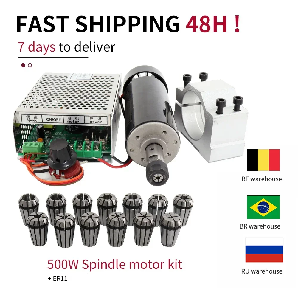 500w Air cooled spindle Motor +13pcs ER11 chuck + 52mm clamps + Power Supply speed governo