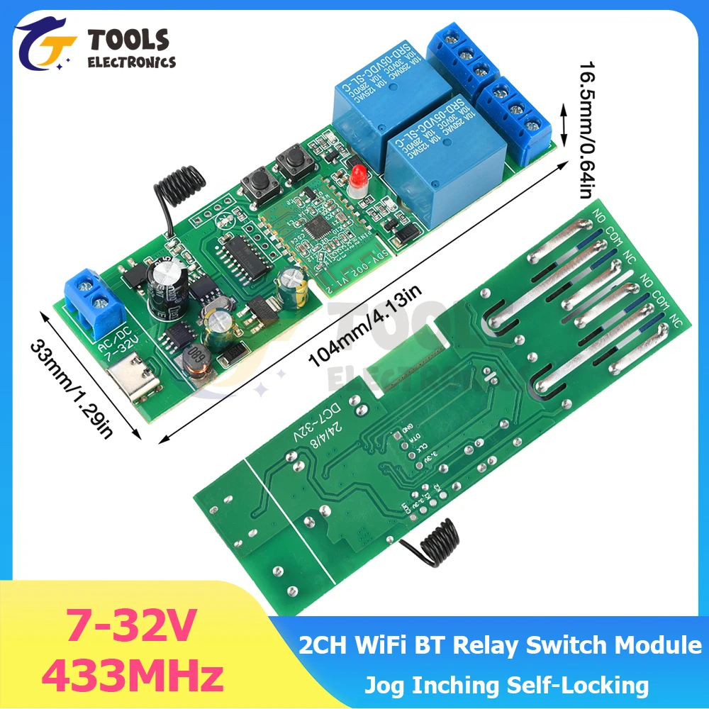 

7-32 В 2-канальный модуль релейного переключателя Wi-Fi Bluetooth Jog Inching Самоблокирующийся Type-C 5 В Поддержка RF 433 МГц Пульт дистанционного управления для умного дома