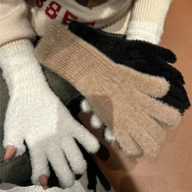 Warm Long Cashmere Gloves Winter Women Girls Solid Color Elastic Knitted Mittens Soft Comfortable Plush Gloves Fashion Accessory