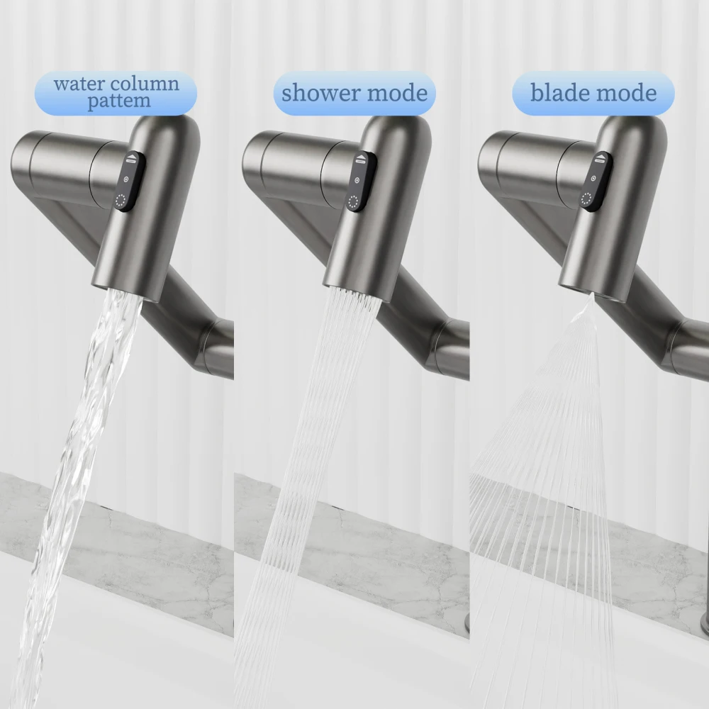 スプレー機能付きバスルームシンク蛇口,温度表示,滑り止めスイッチ,ホットおよびコールド,360 ° 回転,灰色の銃