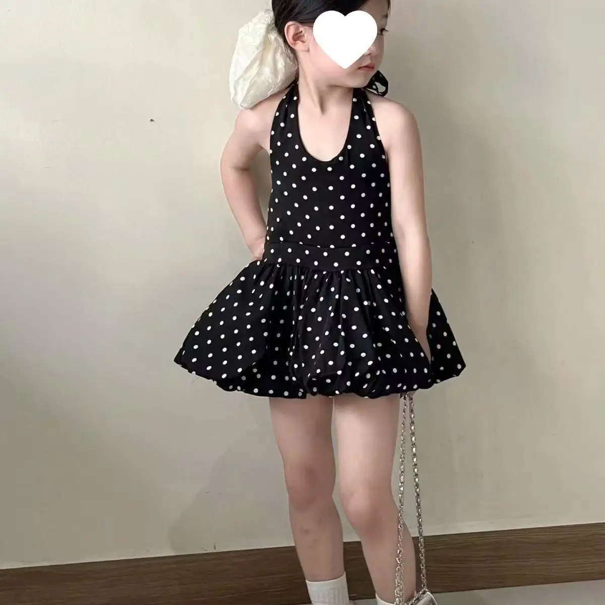 Girl Fashion Dress Sleeveless Hanging Neck Vest Top Girls Flower Bud Fluffy Lotus Leaf Edge Polka Dot Vest Dress