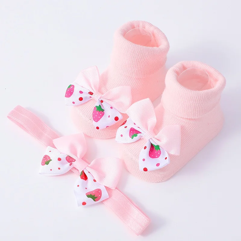 0-12M Infant Baby Girls Socks and Headband Set Toddler Socks Baby Girls' Princess Cable Knit Stockings with Sweet Bowtie Decors