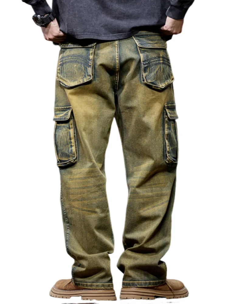 Men Baggy Jeans Multi-Pocket Washed Distressed Denim Pants Loose Yellow Mud Color Cargo Jeans  Plus Size 40-44