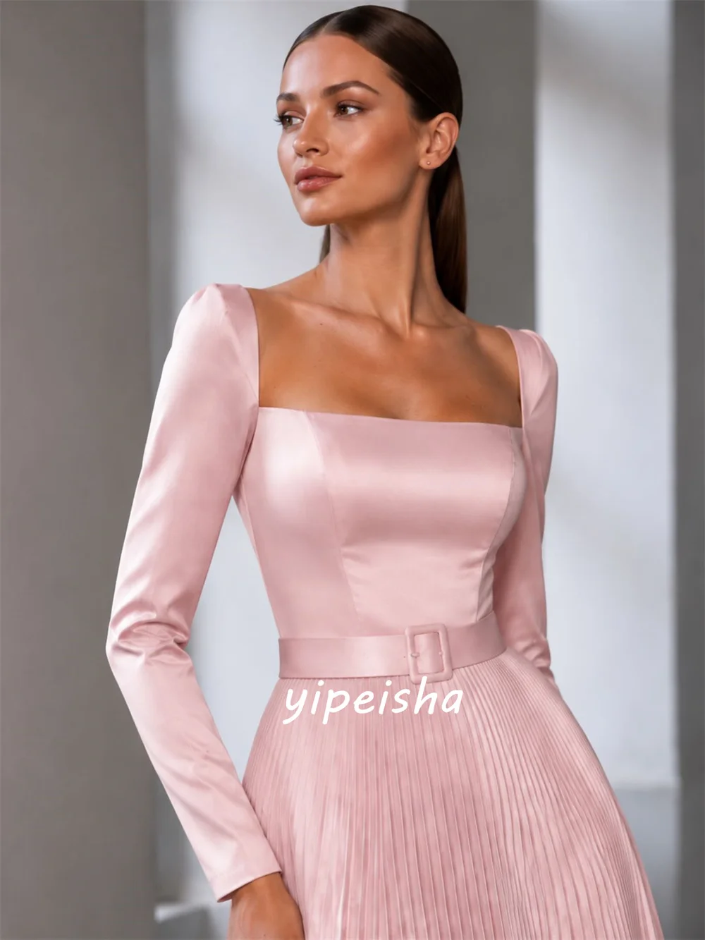 Customized Pink Modest Intricate Pleat Draped Sash A-line Square Neck Floor-Length Evening Dresses For Birthday Party Fashion