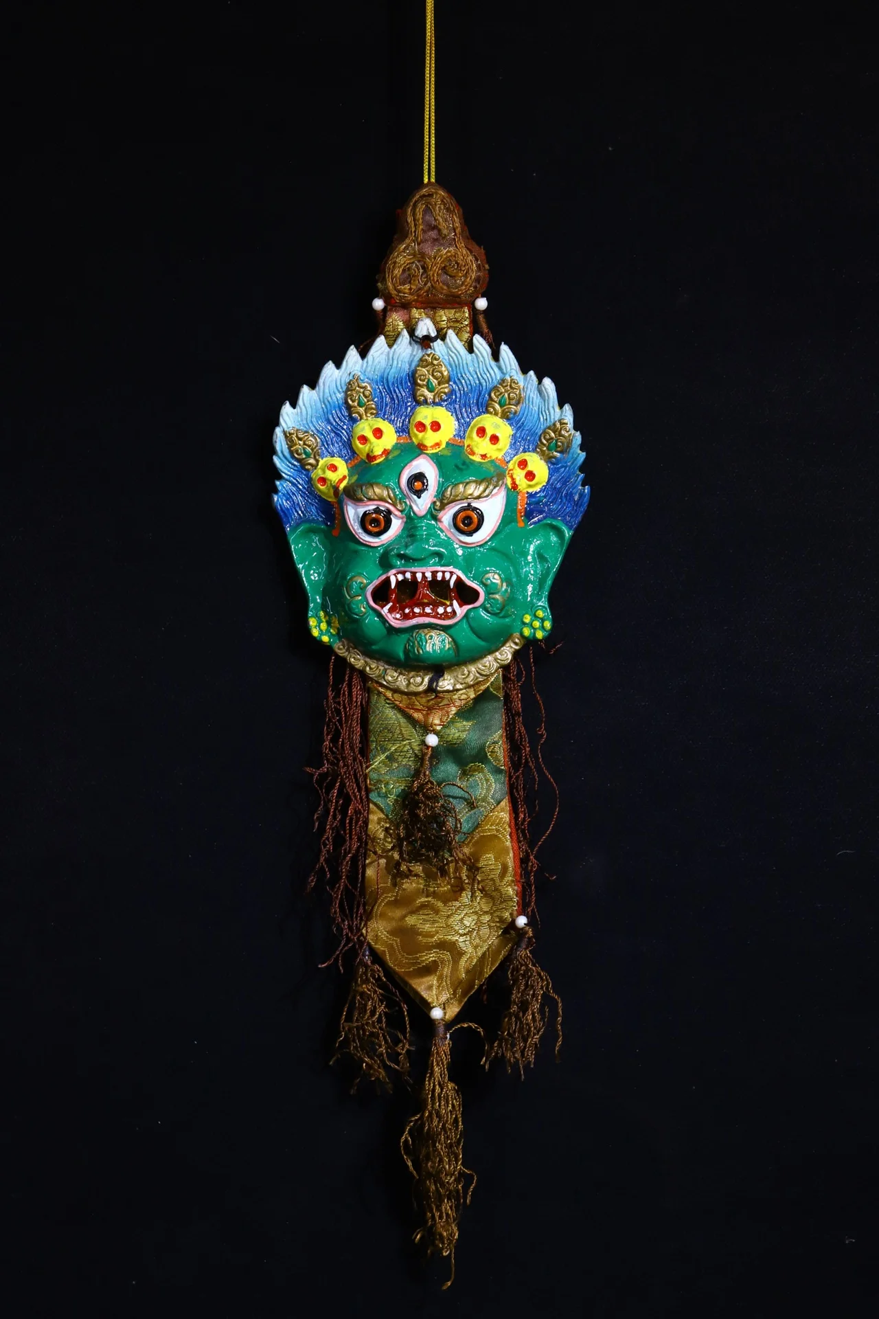 

20"Tibetan Temple Collection Old Lacquerware Painted Skull Mahakala Buddha Head Mask Pendant Amulet Dharma Wall hanging