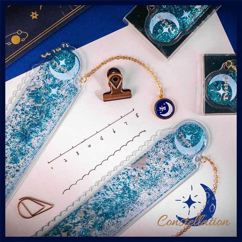 1pcs Constellation Galaxy Ruler 15cm Bookmark Pendant Type Straight & Wave Line Office School Gift F7352