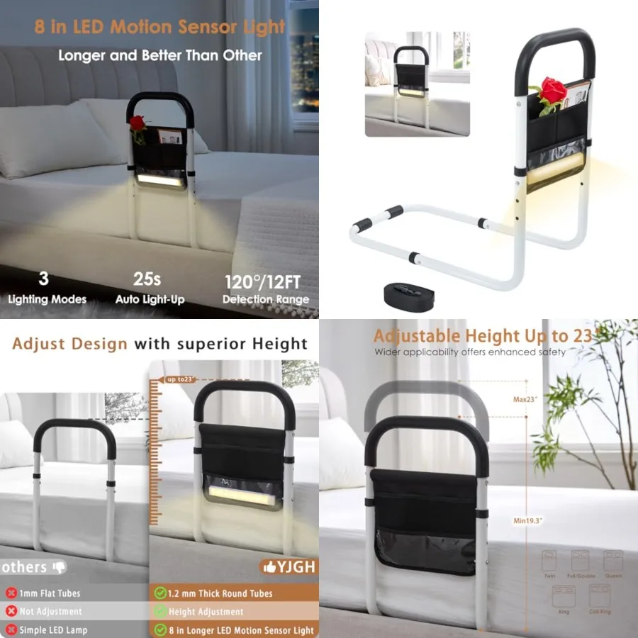 

Bed Rail for Elderly Adults Safety with Motion-Activated Light and Non-Slip Grab Bar, Bed Assist for Seniors with Storage Pocke