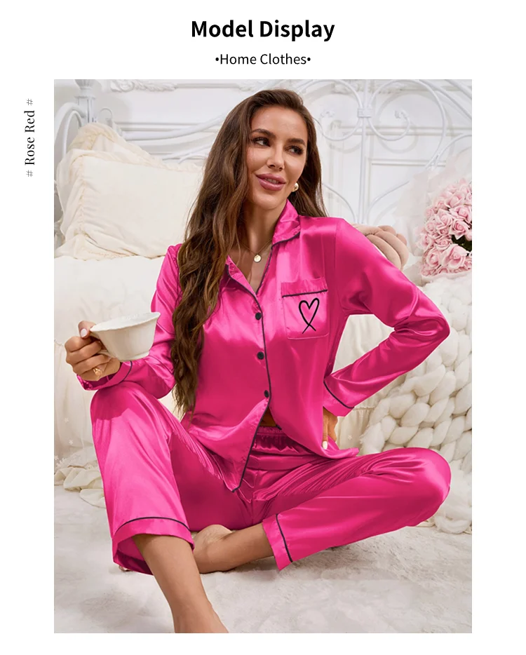 Frauen Hause Kleidung Satin Pyjama Herbst Langarm Tasche Herz-förmigen Stickerei Tops & Hosen Pyjama Femme Loungewear Pj set – Detail 5