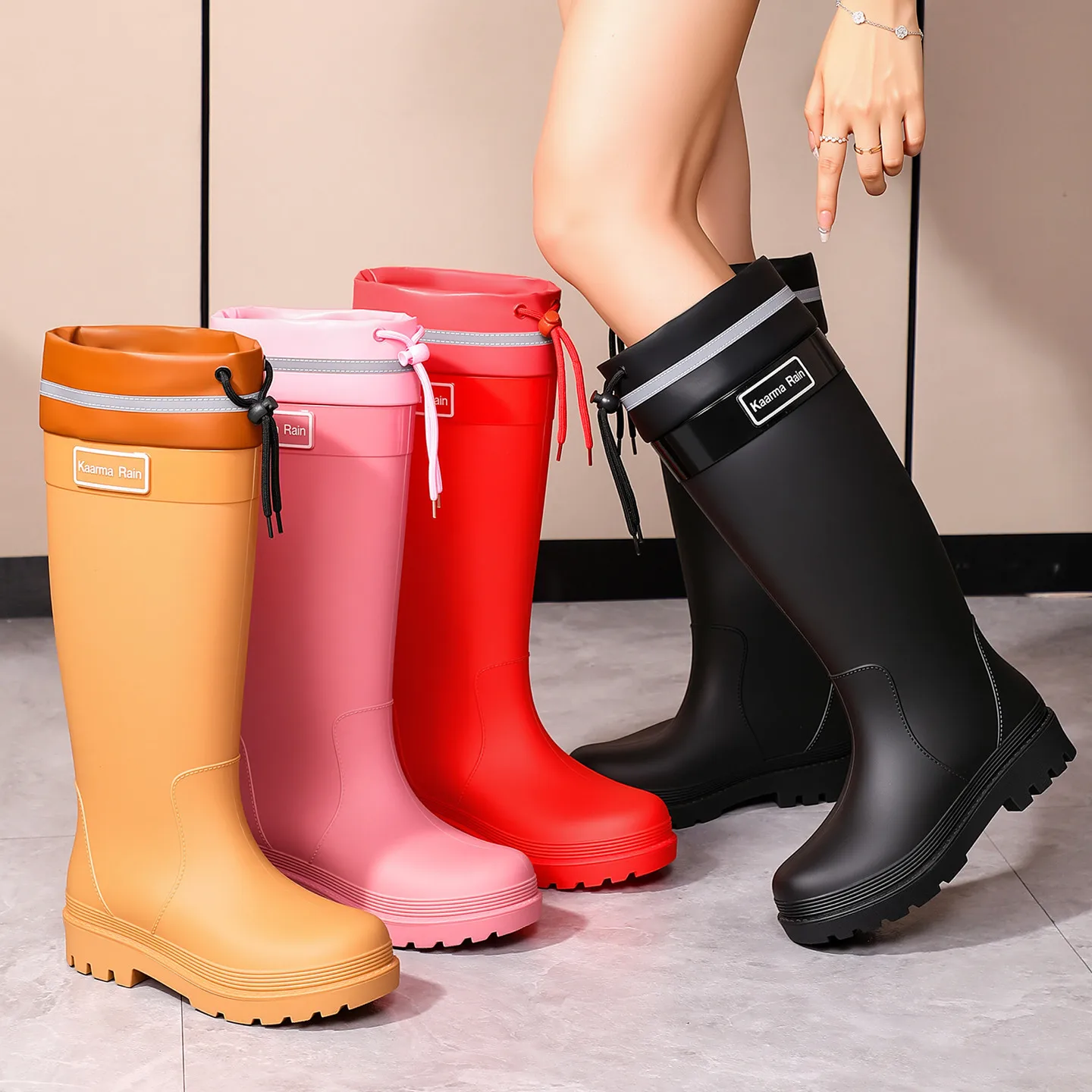 

Women's High-Tube Rain Boots PVC Material Waterproof Non-Slip Heightening Slimming Outdoor Shoes Pink Color Knee-High Boots