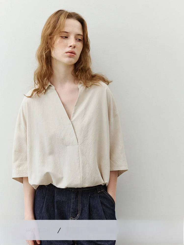 

Pure Color V-Neck Shirt Lound 100% Lyocell Women's Summer New Five-Sleeve Loose Fit Breathable Commute Style Shirt