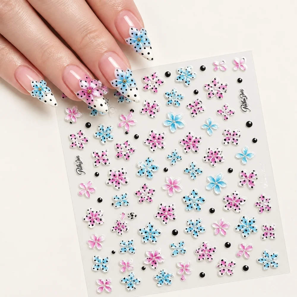 Nail Stickers 1Sheet Blue Pink Polka Dot Flower 5D Embossed Self Adhesive Decals Supplies Kit for Nail Art Design Professional
