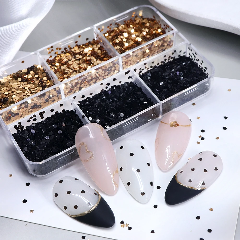 Preto ouro bolinhas arte do prego glitter lantejoulas manicure do vintage lantejoulas bolha estrelas corações forma unhas decoração acessórios