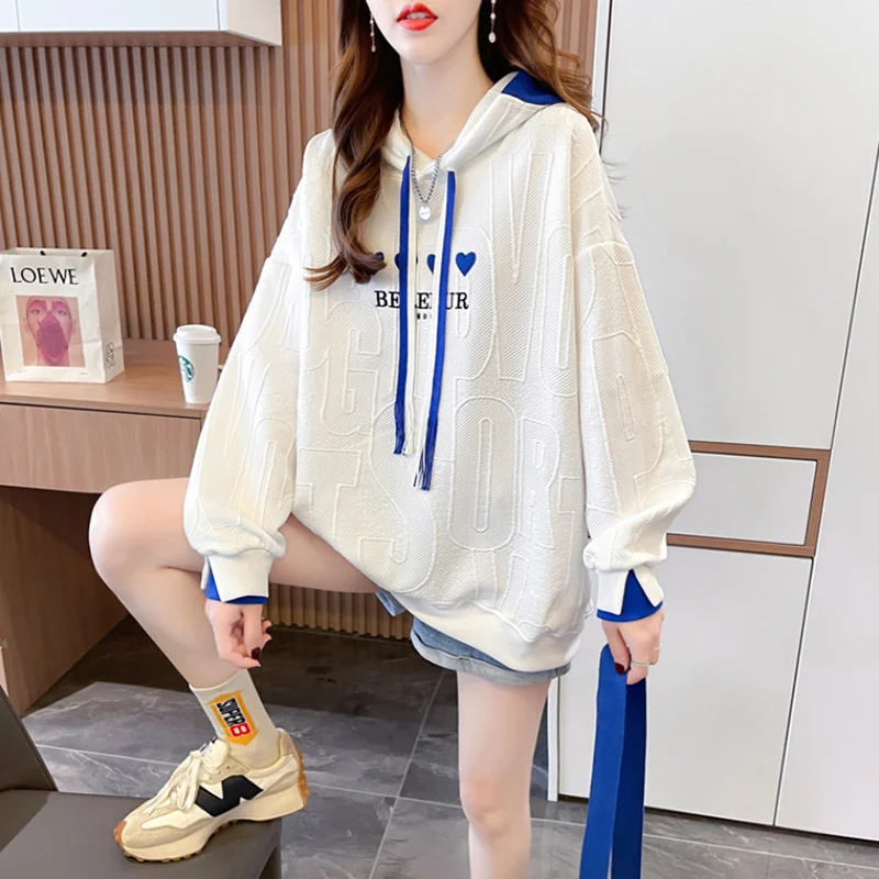 Korean Jacquard Contrast Sweatshirt Women Outwear New Spring Autumn Thin Hoodies Sweatshirt Women Tops Loose Long Sleeve Jacket