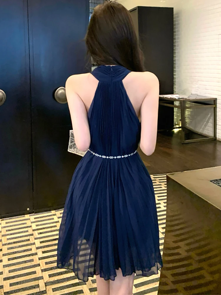 Women Blue Chiffon Pleated Bodycon Chain Bandage Dress Summer Elegant Neck-mounted Sexy Mini Dress 2025 Korean Casual Prom Dress