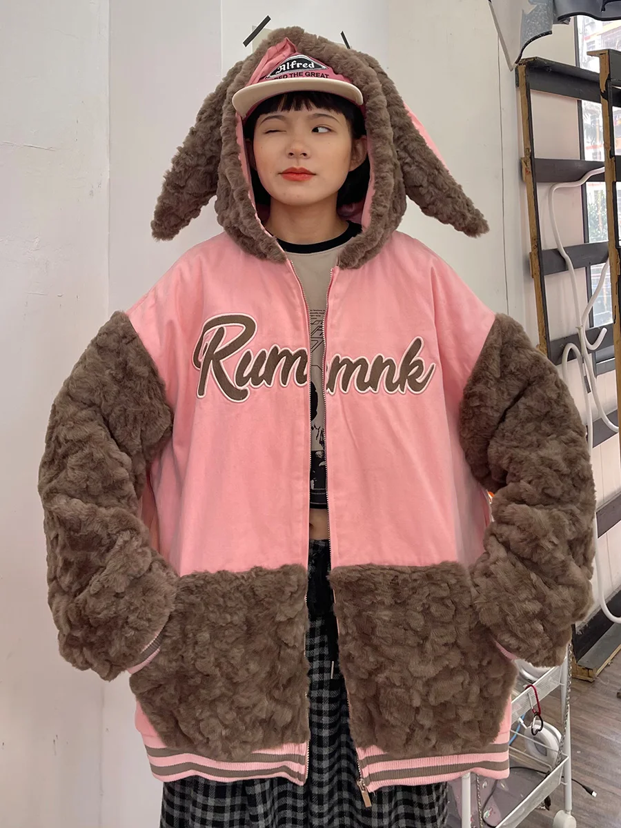 

Lamb and Rabbit Ears Hooded Cotton Jackets for Women 2023 Winter New Loose bf Academy Style Thickened Coats